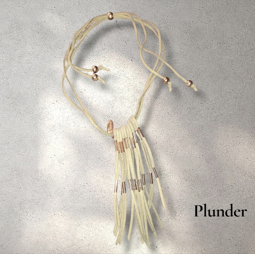 Plunder Necklace Suede Like Fabric Fringe Tassel NECKLACE Green Gold